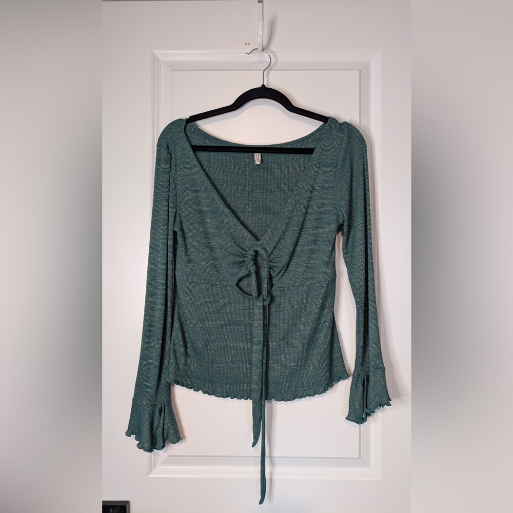 Intimately by Free People Long Sleeve Say When Top Green Gold Metallic Large